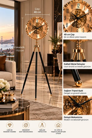 Gold Siyah Tripod Ayaklı Dekoratif Saat 110 cm | 40 cm Çaplı İskelet Mekanizmalı Lüks Salon ve Ofis 