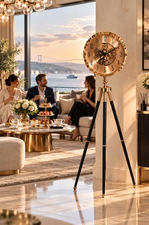 Gold Siyah Tripod Ayaklı Dekoratif Saat 110 cm | 40 cm Çaplı İskelet Mekanizmalı Lüks Salon ve Ofis 