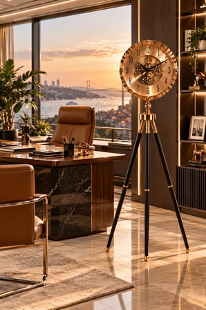Gold Siyah Tripod Ayaklı Dekoratif Saat 110 cm | 40 cm Çaplı İskelet Mekanizmalı Lüks Salon ve Ofis 
