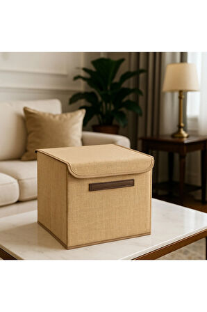 Kapaklı Katlanabilir Jüt Kumaş Saklama Kutusu – Düzenleyici Kutu