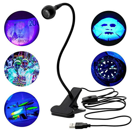 Powermaster UV Mor Işık Sah te Para Kontrol  Yapışkan Kurutma Lambası Esnek Masa Lambası 3 Watt