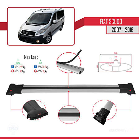 Fiat Scudo 2 2007-2016 Arası ile Uyumlu FLY Model Ara Atkı Tavan Barı Gri 3 Adet
