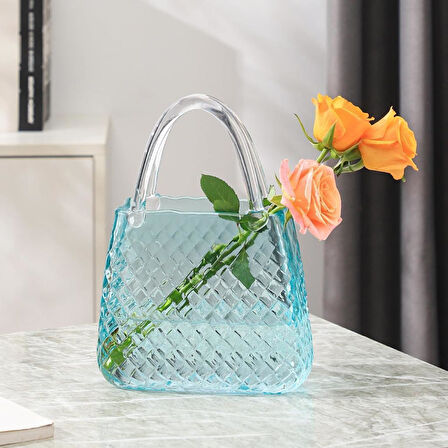 Çanta Vazo Cam Çiçek Vazosu Dekoratif Mavi Vazo Büyük Boy Oval Model 1,5kg Glass Bag Vase