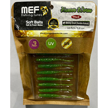 Mef Hunter Worm 5.5cm 10 Adet LRF Silikonu HW04 Green UV Glow