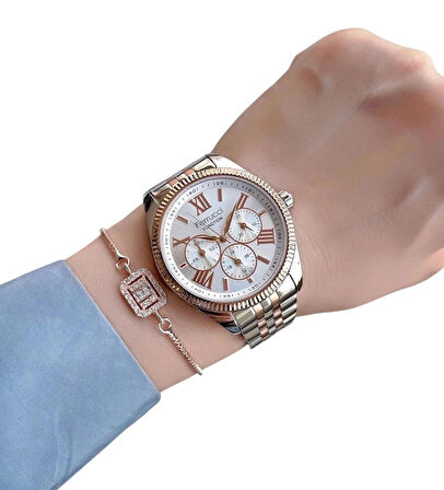 Ferrucci Rose&Gümüş Renk Spor Şık Çelik Kadın Kol Saat+Bileklik