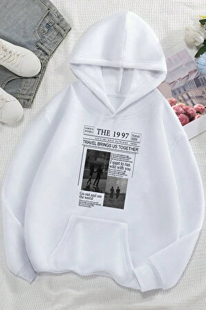 Unisex Beyaz The 1997 Baskılı Oversize Kapüşonlu Sweatshirt