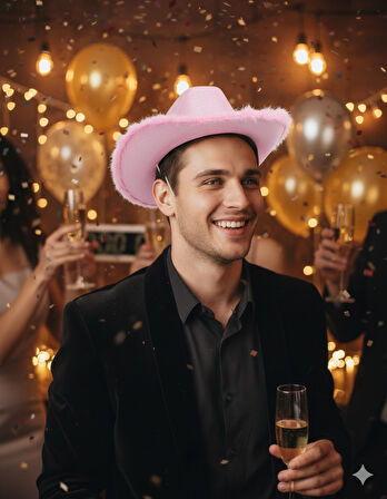 56 cm Baş Çevresi Pembe Simli Tüylü Kovboy Şerif Şapkası – Parti ve Yılbaşı Şapkası