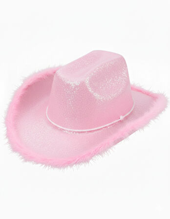 56 cm Baş Çevresi Pembe Simli Tüylü Kovboy Şerif Şapkası – Parti ve Yılbaşı Şapkası