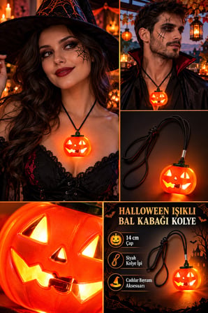 Halloween Işıklı Balkabağı Kolye 14 cm Çap Siyah İpli Cadılar Bayramı Parti Kostüm Aksesuarı