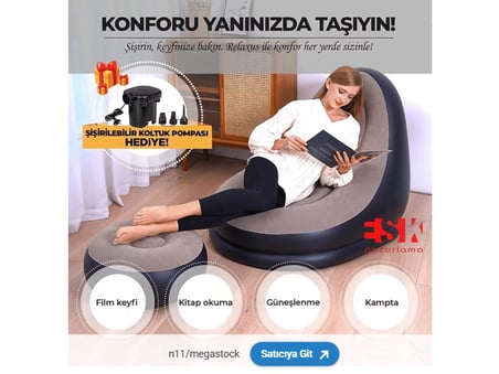 ESK Şişme Koltuk ve Puf Seti Gri Siyah Su Geçirmez Kadifemsi