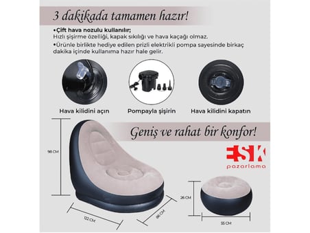 ESK Şişme Koltuk ve Puf Seti Gri Siyah Su Geçirmez Kadifemsi
