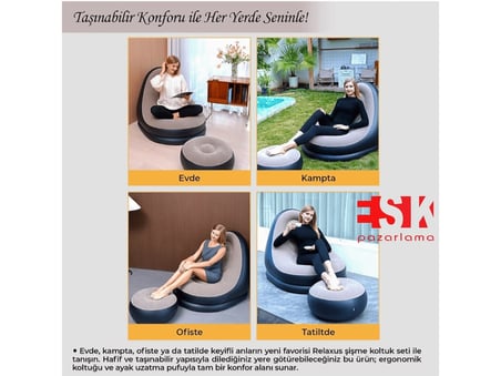 ESK Şişme Koltuk ve Puf Seti Gri Siyah Su Geçirmez Kadifemsi