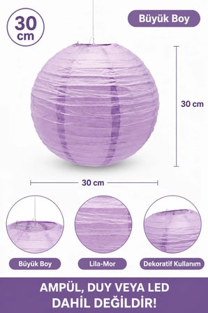 Japon Feneri Çin Feneri Büyük Boy Lila Mor 30 cm Dekoratif Parti Süsü Kutlama ve Mekan Dekoru