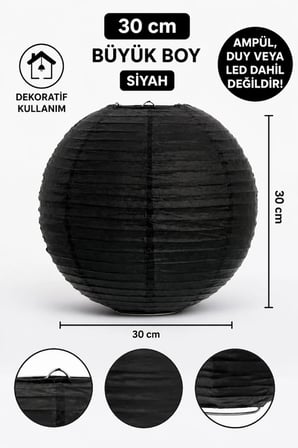 Japon Feneri Çin Feneri Büyük Boy Siyah 30 cm Dekoratif Parti Süsü Kutlama ve Mekan Dekoru