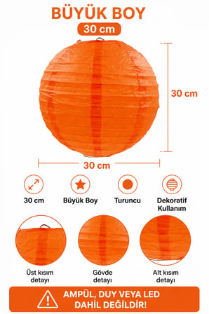 Japon Feneri Çin Feneri Büyük Boy Turuncu 30 cm Dekoratif Parti Süsü Kutlama ve Mekan Dekoru