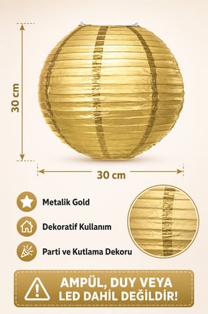 Japon Feneri Çin Feneri Metalik Gold 30 cm Dekoratif Parti Süsü Kutlama ve Mekan Dekoru