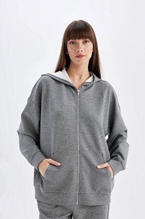 DeFacto Oversize Geniş Kalıp Kapüşonlu Basic Düz Skuba Dalgıç Kumaş Cepli Fermuarlı Sweatshirt C6871AX24AUGR210