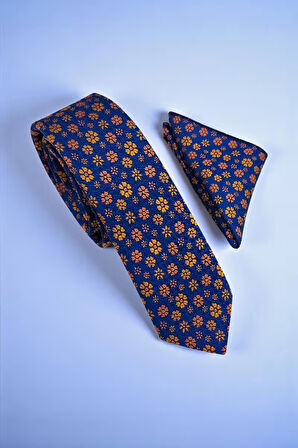 Slim Çiçekli Lacivert Kravat & Mendil