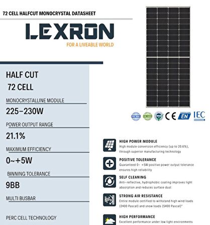 Lexron 230 Watt 72 Hücre Monokristal PERC Half Cut Güneş Paneli