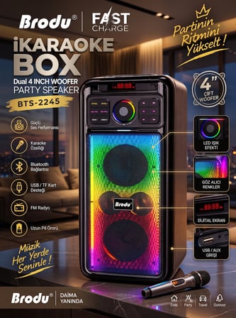 BTS-2245 Çift 4" 80W Woofer Kablosuz Karaoke Parti Hoparlörü | RGB Işıklı, Kablosuz Mikrofonlu