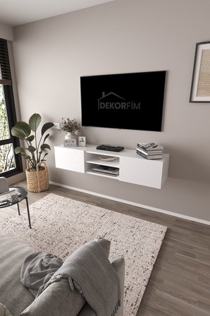 DF17102 LED Işıklı Duvara Monte TV Ünitesi, 2 Kapaklı Dolaplı, Raflı 150 cm TV Alt Ünitesi BEYAZ