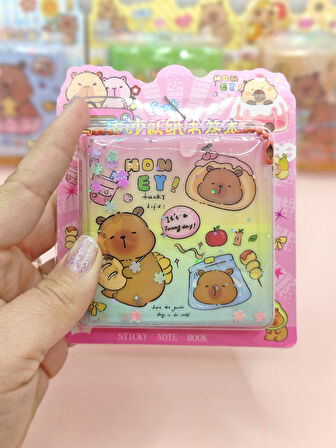 Capybara Sulu Pullu Anahtarlıklı Stickerlı Kapibara Not Defteri (7,5x7,5 cm) - Sweet