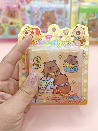Capybara Sulu Pullu Anahtarlıklı Stickerlı Kapibara Not Defteri (7,5x7,5 cm) - Pasta Doğumgünü