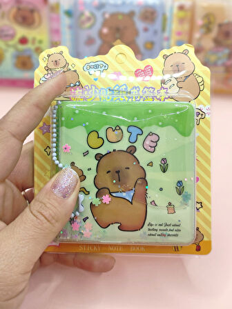 Capybara Sulu Pullu Anahtarlıklı Stickerlı Kapibara Not Defteri (7,5x7,5 cm) - Cute