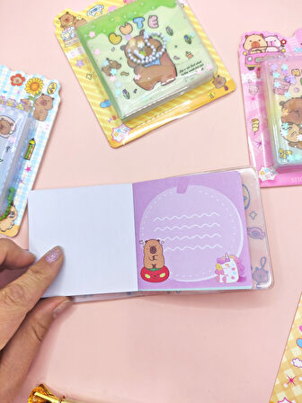 Capybara Sulu Pullu Anahtarlıklı Stickerlı Kapibara Not Defteri (7,5x7,5 cm) - Cute