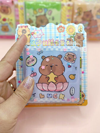 Capybara Sulu Pullu Anahtarlıklı Stickerlı Kapibara Not Defteri (7,5x7,5 cm) - Luck