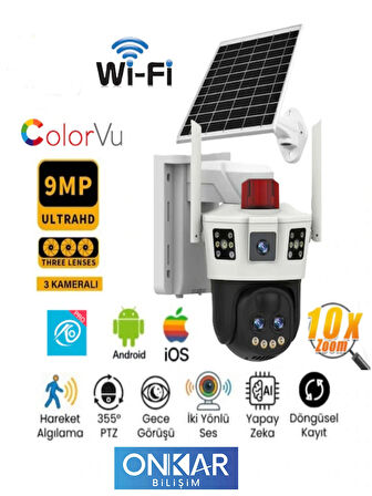 Okam 7050 9MP Wifi Solar Kablosuz Güneş Enerjili Güvenlik Kamerası 10X Optik Zoom 3 Lens