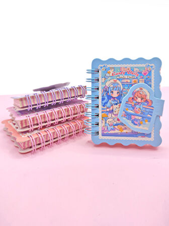 Candy Sevimli Kız Cırtlı Cep Boy Mini Not Defteri (7x8 cm) - Mavi