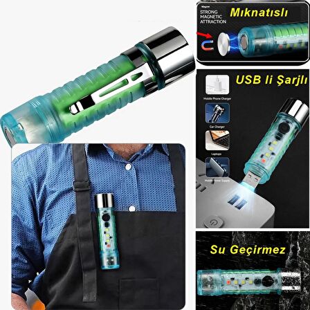 Led Usb Şarjlı Ultra Güçlü El Feneri Su Geçirmez Flaşörlü Kırmızı Işıklı Mıknatıslı  Kamp Feneri