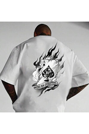 Erkek Beyaz Maça Kızı Baskılı Oversize T-shirt