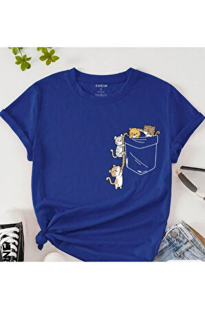 Kadın Kedi Cep Baskılı Regular T-shirt