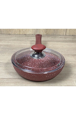 Morelli 28 cm Granit Tava Cam Kapaklı Kırmızı Mermer