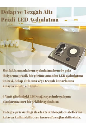 Masfitech Tezgah Altı Prizli LED Aydınlatma 3W 4000K Günışığı Füme