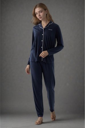 Kadın Navy Pamuklu Modal Boydan Patlı Kutulu Pijama Takımı Q9P4K3I6KER