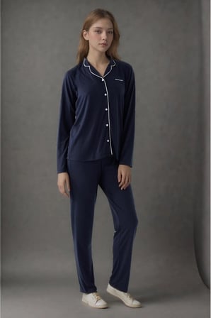 Kadın Navy Pamuklu Modal Boydan Patlı Kutulu Pijama Takımı Q9P4K3I6KER
