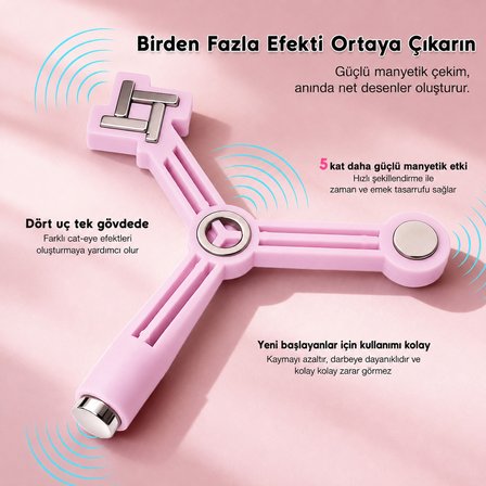 4'ü Bir Arada Dalga ve Çiçek Efekt Çok Fonksiyonlu Kedi Gözü Oje Mıknatısı Cat Eye Magnet Pembe 3KCAT01