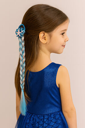 Mavi Lastik Tokalı Tek Örgü Peruk Saç Toka Deniz kızı Tokası 38cm
