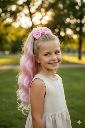 Peruk Saç Tokalı Uzun Deniz Kızı Modeli Pullu pembeli Çıtçıtlı Toka 38cm