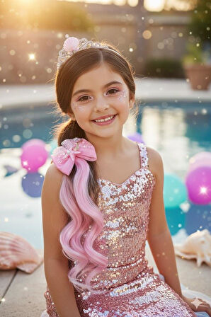 Peruk Saç Tokalı Uzun Deniz Kızı Modeli Pullu pembeli Çıtçıtlı Toka 38cm