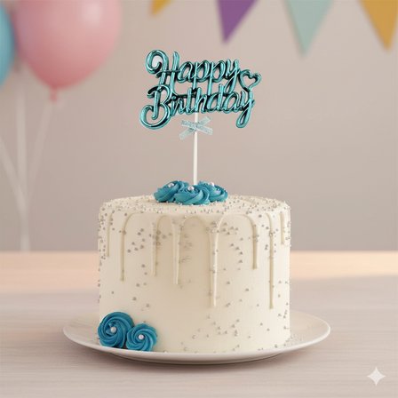 Happy Birthday – Krom Pasta Süsü Kürdan Mavi Doğum Günü Pasta Dekoru