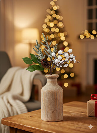 28 cm – Beyaz Berry Çiçekli Kozalaklı Yılbaşı Çam Dalı Dekoratif Masa ve Ağaç Süsleme Dalları