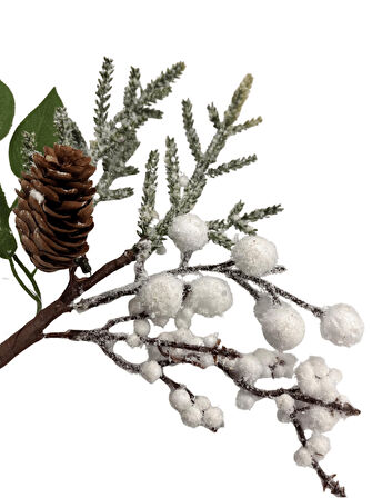 28 cm – Beyaz Berry Çiçekli Kozalaklı Yılbaşı Çam Dalı Dekoratif Masa ve Ağaç Süsleme Dalları