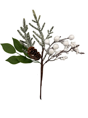 28 cm – Beyaz Berry Çiçekli Kozalaklı Yılbaşı Çam Dalı Dekoratif Masa ve Ağaç Süsleme Dalları