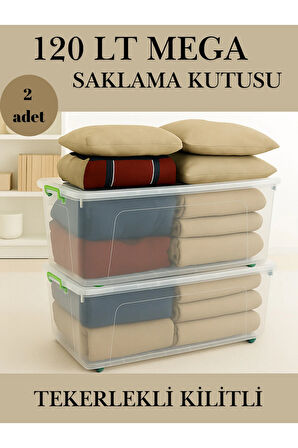 Tekerlekli Kilitli 120 LT Mega Saklama Kutusu Depolama Düzenleyici Şeffaf 2 Adet