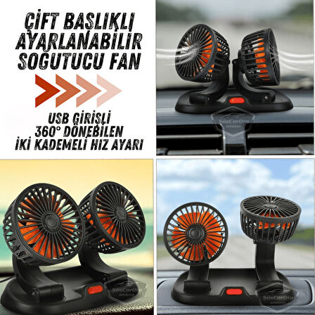 Üniversal Oto Ofis Araç İçi Torpido Üstü Vantilatör Çift Başlıklı USB Girişli 2 Kademeli Soğutucu Fan 360° Dönebilen Ultra Sessiz Oynar Başlıklı Araç Fanı