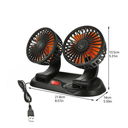 Üniversal Oto Ofis Araç İçi Torpido Üstü Vantilatör Çift Başlıklı USB Girişli 2 Kademeli Soğutucu Fan 360° Dönebilen Ultra Sessiz Oynar Başlıklı Araç Fanı